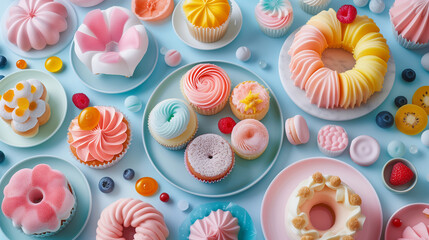 Lay flat background of many various desserts. Including cupcakes, cakes and macaroons.