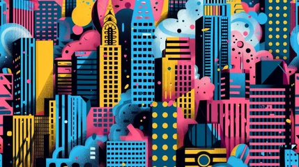 Foto op Plexiglas Soft pop-art wallpaper adorned with abstract cityscape scenes, offering a contemporary interpretation of urban life © Lerson