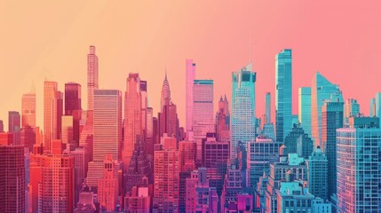 Soft pop-art wallpaper featuring abstract interpretations of city skylines