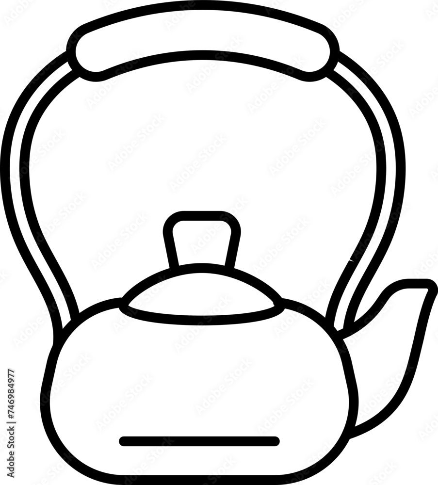 Sticker black thin line art of kettle icon in flat style.