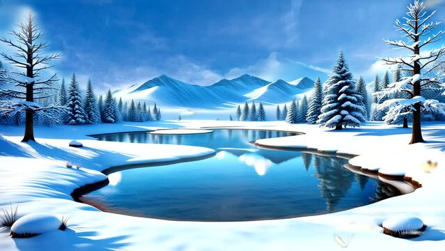 Animated videos of beautiful views of lakes in winter, waves of water ripples, butterflies flying. Snow can be seen covering the fir trees and rocks.