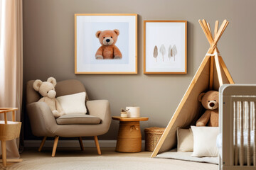 Fototapeta na wymiar A warm and inviting child's room with a teepee, cuddly teddy bear, and soft lighting, evoking coziness.