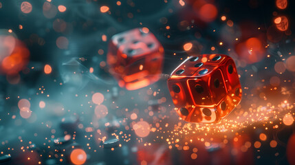 Two dice bouncing with sparks. Concept for probability and random choice. Casino gambling and gaming. - obrazy, fototapety, plakaty