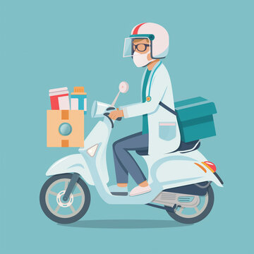 A doctor using a lab coat become a delivery man to deliver medicine using a motorcycle. 