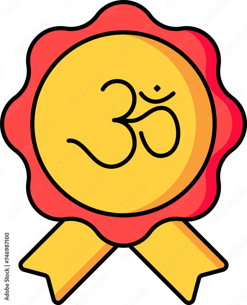 Poster Om symbol on Badge icon in yellow and red color.