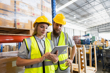 Male and Female professional worker wearing safety uniform using tablet inspect goods on shelves in warehouse. supervisor worker checklist stock inspecting product in storage for logistic.
