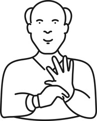 Bald man holding gloves icon in black line art.
