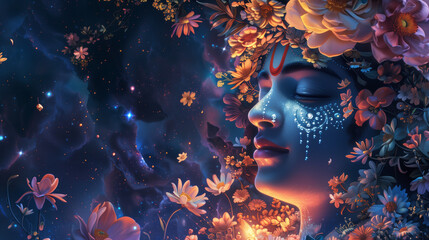 Rendering Illustration of Young Lord Krishna with Closed Eyes, Adorned with Flowers, Against the Background of a Starry Night Sky: Capturing the Essence of Divine Serenity and Beauty