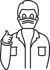 Line art illustration of Wearing face mask man with thumb up icon.