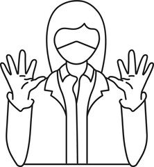 Hands open with fear woman wearing face mask icon in thin line art.