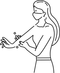 Black line art illustration of Wearing face mask woman with washing hand wrist icon.