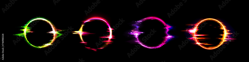 Wall mural neon circle frame with glitch effect. realistic vector illustration set of retro futuristic ring des