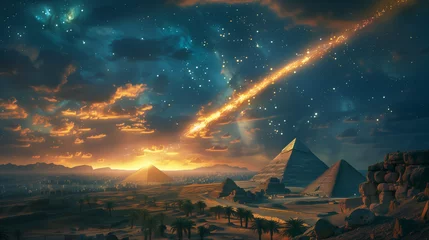 Foto op Plexiglas Mystique of Meteorite Over Egyptian Pyramids: Star-Studded Sky with Deep Blue and Gold Hues © HaiderShah