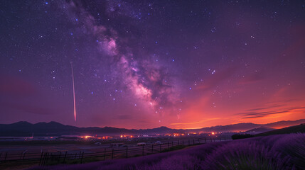 Hokkaido Lavender Fields and Meteorite's Cosmic Journey: Twilight Indigo and Magenta Depth