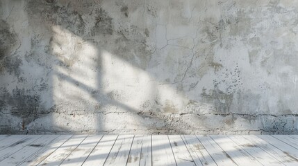 Sunlight and Shadow on White Textured Background. A serene scene with sunlight casting geometric shadows on a white textured wall and wooden floor, conveying a sense of calm and purity.