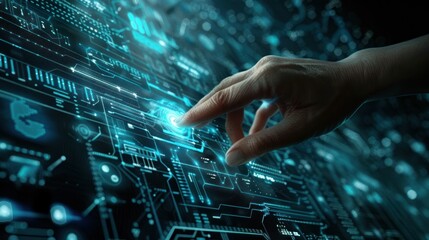 Interactive Technology and Futuristic Circuitry. A human finger hovers over a glowing point on a high-tech digital circuit board, symbolizing advanced technology, interactivity, and futuristic concept