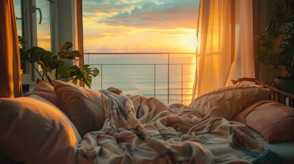 Cozy Balcony Scene at Sunset. An inviting balcony scene at golden hour, with soft blankets and pillows against the backdrop of a serene sunset, exuding warmth and relaxation.