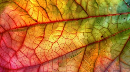 Vibrant Autumn Leaf Close-Up Texture. Macro shot of a leaf showcasing a vivid gradient of autumn colors and the intricate pattern of its veins, symbolizing the beauty of change in nature.