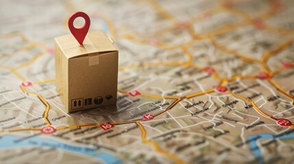 Cardboard Package on a Map with Location Pin. A cardboard box with a red location pin on top sits on a detailed city map, symbolizing package tracking and delivery services.