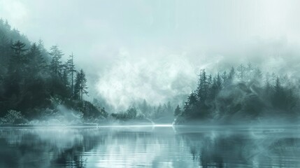 Mystical Misty Forest and Calm Lake.Ethereal landscape of a serene lake with a mystical fog enveloping a dense evergreen forest, invoking a sense of tranquility and mystery.