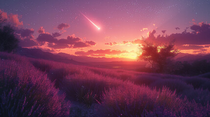Meteorite's Pastel Display Over Provence's Lavender Fields: Ethereal Beauty with Soft Hues
