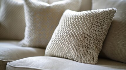 Contemporary Beige Textured Pillows on Sofa. Modern living room featuring a beige sofa with...