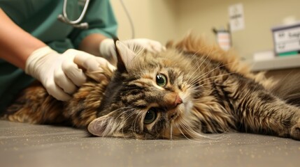 Tabby Cat Being Examined by Veterinarian. A long-haired tabby cat receiving a check-up from a vet, showcasing trust and care in veterinary services.