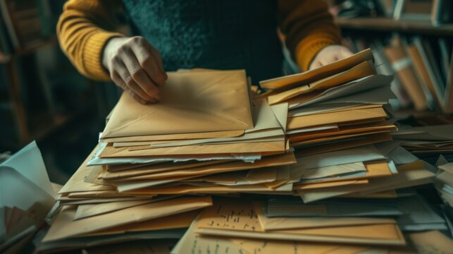 Organizing a Pile of Envelopes and Letters. A person in a yellow sweater is sorting through a large pile of various envelopes and letters, possibly managing correspondence or archival work.