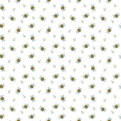A pattern of bright watercolor illustration of a simple lovely bees and green twigs. Hand-drawn.