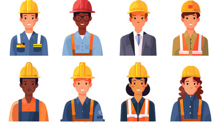 Construction worker icons set. Different professions, genders, and ethnicities. Colorful flat style vector design illustration isolated on transparent background, png format.