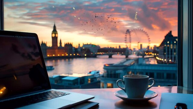 Coffee and Laptop with Big Ben View - London, United Kingdom. Seamless looping 4k time-lapse video animation background