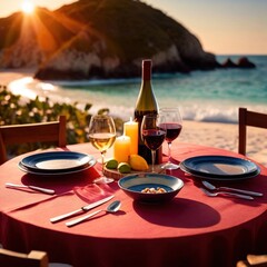 Romantic set table for two dinner at sunset on tropical beach