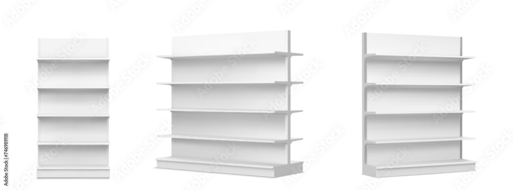 Wall mural white empty supermarket shelf mockup with racks for product display. realistic 3d vector illustratio