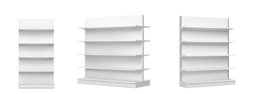 White empty supermarket shelf mockup with racks for product display. Realistic 3d vector illustration set of bookcase stand in different angles of view. Blank mock up of store promotion equipment.
