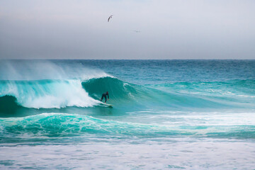 Surfer riding big waves in Nazare, Portugal. Big waves of Atlantic ocean in winter season