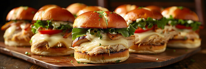 A colorful arrangement of turkey sliders takes center stage in this image, with each mini sandwich boasting a juicy turkey patty, melted cheese, crisp lettuce, and a dollop of zesty aioli. - obrazy, fototapety, plakaty