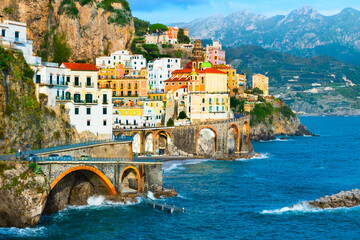 Amalfi coast, Italy. Beautiful view of Atrani town with colorful architecture at sunset. - obrazy, fototapety, plakaty