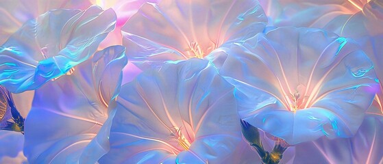 Celestial Opal Dream: Ipomoea alba flowers glow with opalescent hues, a dreamlike vision against the night sky. - obrazy, fototapety, plakaty