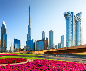 Dubai downtown with modern skyscrapers at sunset. Dubai, United Arab Emirates.