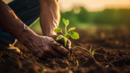 Man planting a small green plant sprout in the ground