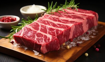 Fototapeta premium a piece of raw beef on a wooden coaster