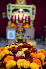 Flowers for Lord Ram Statue in Temple. Flowers Garland. Ramayana.  Lakshman. Goddess Sita. Shri...
