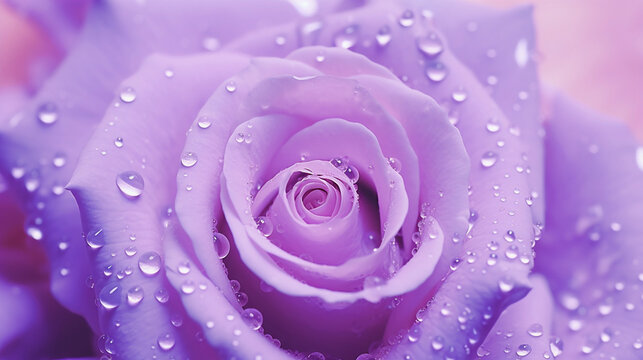 Close up macro photography of purple rose with water droplets after rain. Exquisite Purple Rose Close-Up with Water Droplets