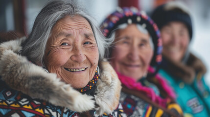 Group of Eskimo women villagers in traditional clothing. Happy and smiling.  - obrazy, fototapety, plakaty