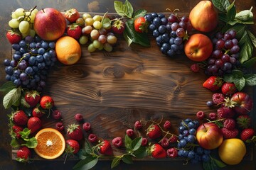 A colorful array of fresh fruits arranged on a wooden cutting board with copy space for your text