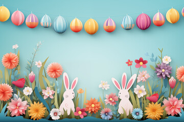 Fototapeta na wymiar Colourful easter banner with bunnies, eggs and flowers