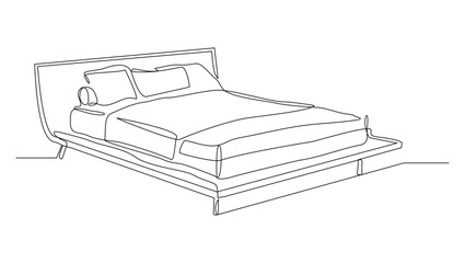 Continuous single line sketch drawing of bed with bed cover blanket and pillow. One line art of cozy bedroom modern furniture vector illustration