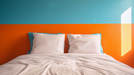 Fototapeta na wymiar Bed against vibrant orange and blue wall. Generative AI