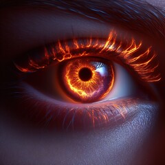 Close-up of a woman's eye, long eyelashes, illusion of a flame burning eye and eyelashes