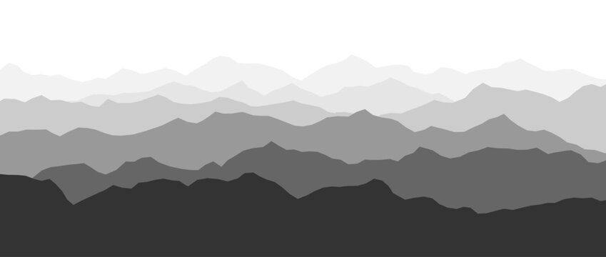 Black and white mountain range silhouettes. Haze panoramic landscape view. Mountain ridges and hills background. Grey shade mount peaks with mist and fog. Vector scenery terrain illustration